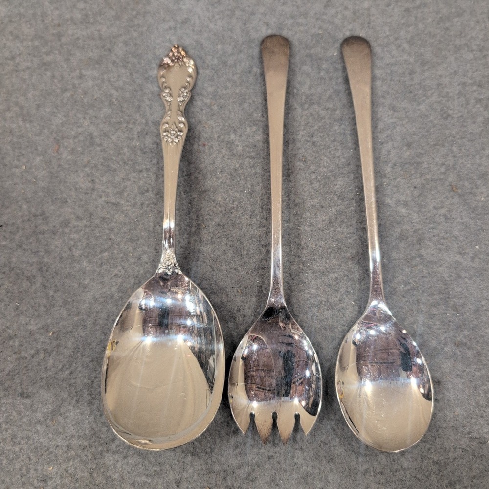 Wm Rogers Silver Plated Serving Spoon & Sheffield England Salad Set 3pc Lot
